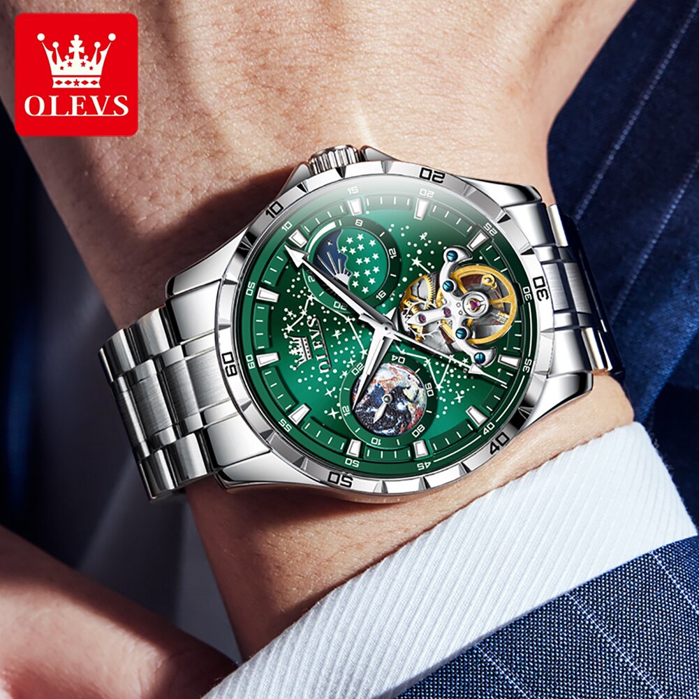 New In OLEVS Automatic Mechanical Watch for Men Starry Sky 42mm Dial Rotating Seconds Wrist Watch Luminous Star Moon Phase Watch - kmtell.com