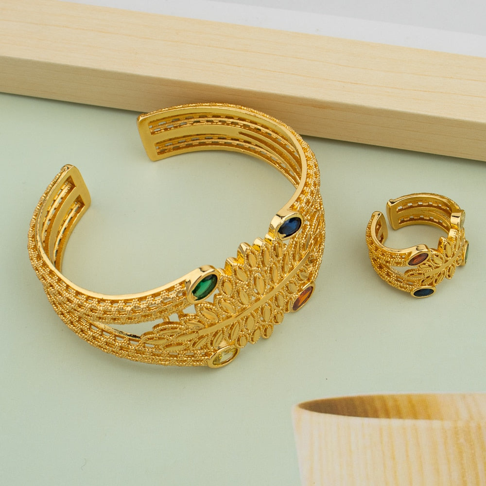 Cuff Bangle With Ring For Women Moroccan Plated Bracelet Jewelry Nigerian Wedding Party Gift Indian Luxury Stone Bracelet - kmtell.com