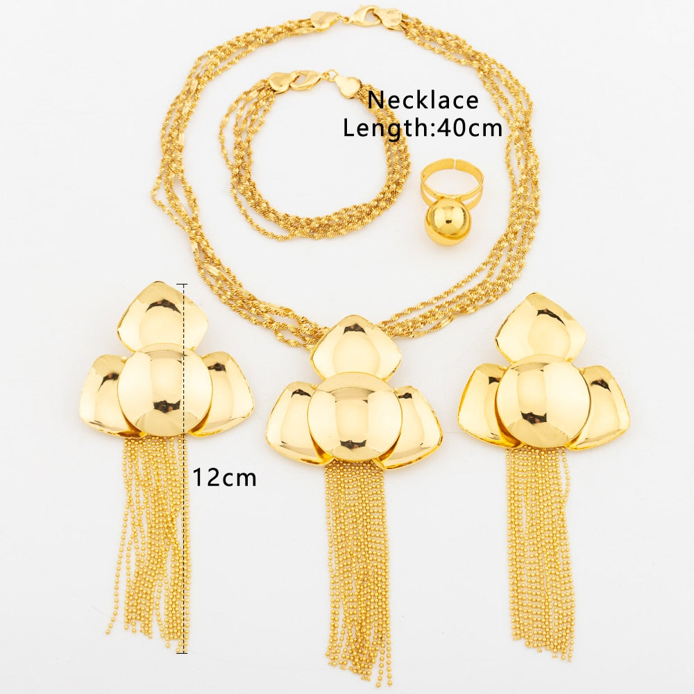 Fashion Dubai Jewelry Set for Women 18k Gold Color Tassel Earrings Luxury Necklace with Bracelet Ring Set for Weddings Party - kmtell.com