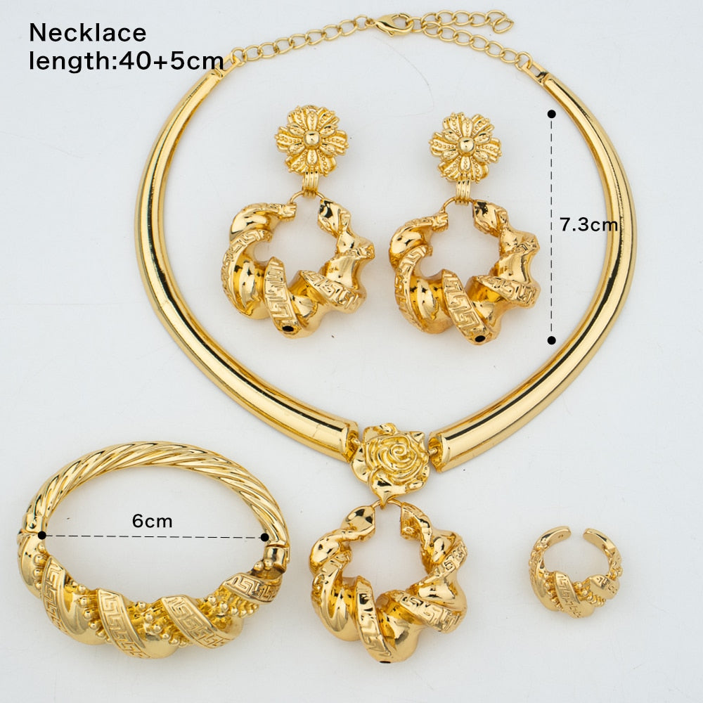 Trend Jewelry Set Women African Dubai Gold Color Hoop Earrings and Necklace for Bridal Weddings Bracelet Ring Set Party Gifts - kmtell.com