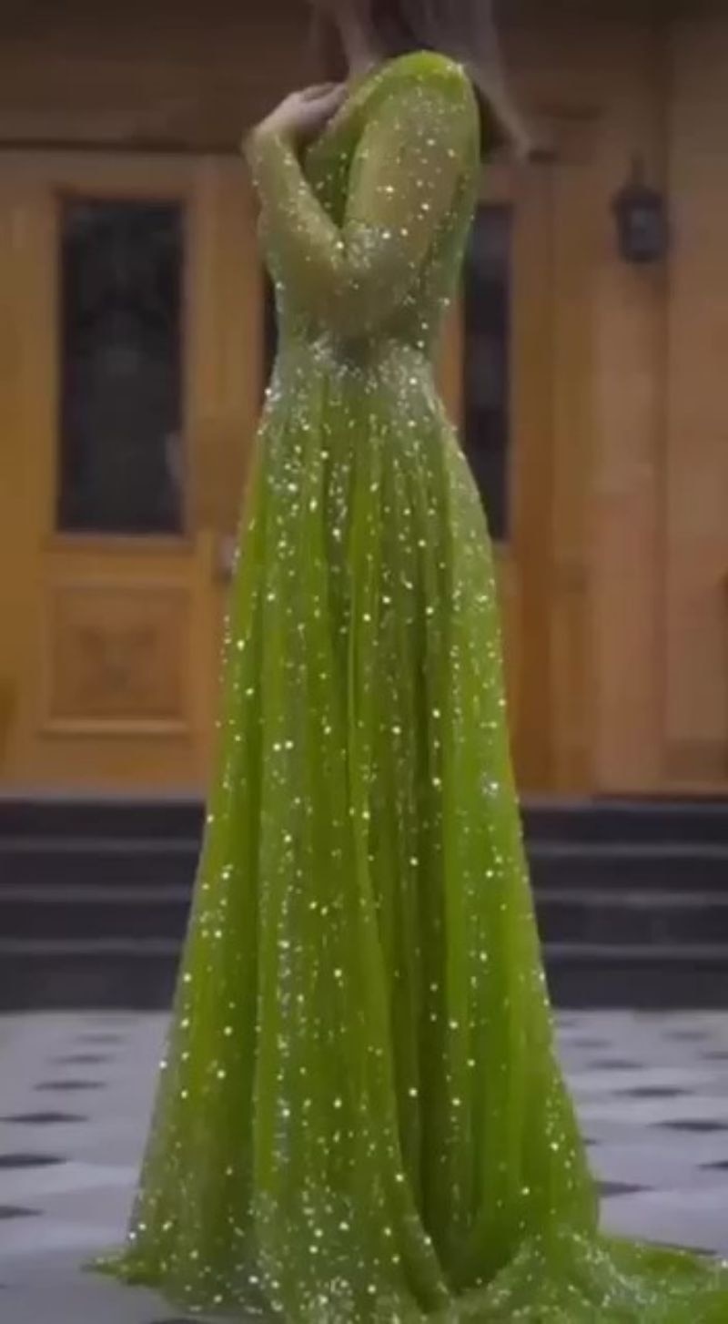 Cutubly Elegant Sequin Long Formal Gowns And Evening Dresses Sexy Slim Fit Long Sleeve Mesh Green Sparkly Long Prom Vestidos - kmtell.com