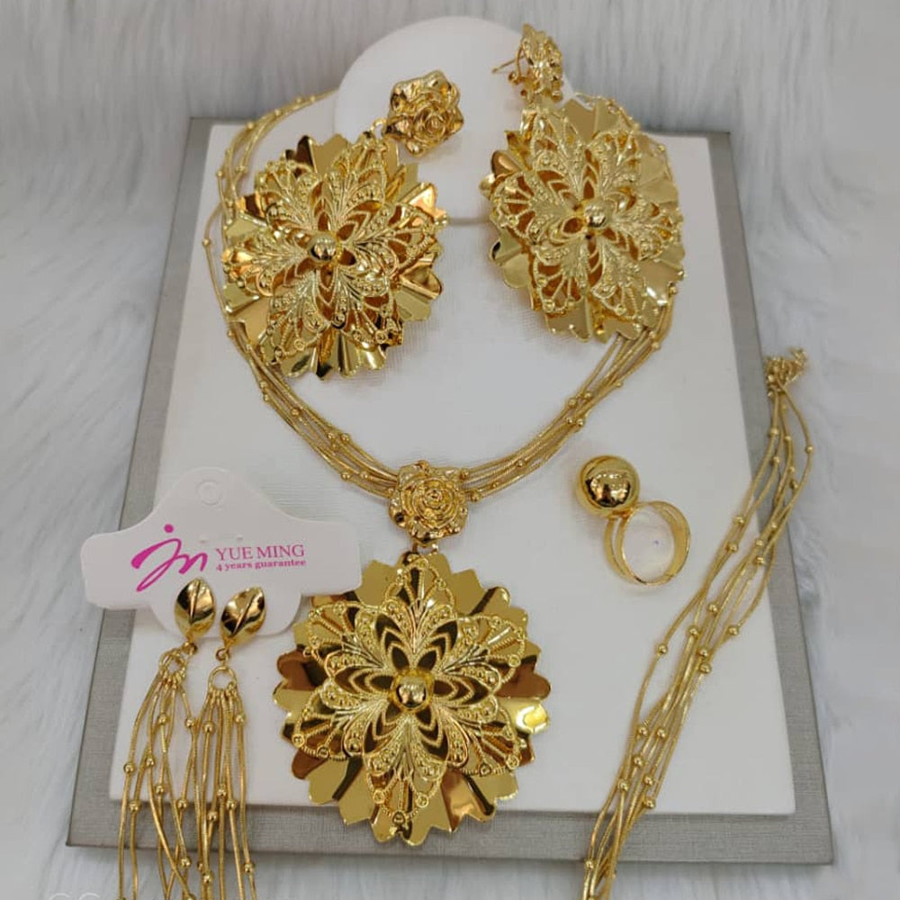 Dubai Gold Plated Jewelry Set for Women Luxury Big Flower Pendant Necklace and Earrings Weddings Gifts for Bridal Accessory - kmtell.com