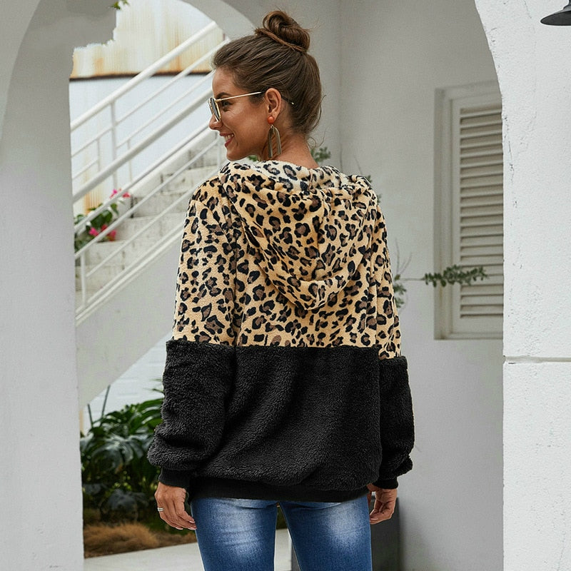Autumn Winter Leopard Sweatshirts Women 2022 Long Sleeve Hooded Hoodies Casual Zipper Thick Hoodie Top Warm Coat Polerones Mujer - kmtell.com