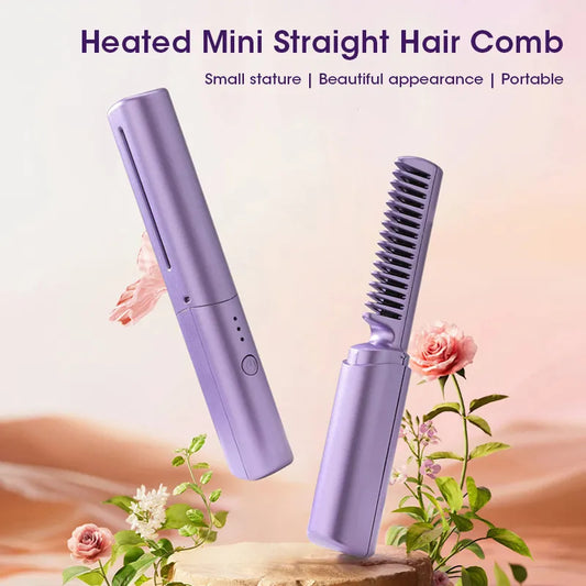 Hair Straightener Brush Portable Mini Hot Comb Fast Heating Hair Straightener Anti-Scald Negative Ion USB Rechargeable Styler