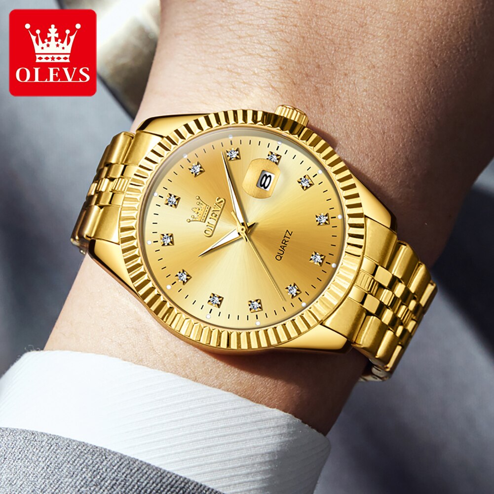 OLEVS Original New Gold Quartz Watch for Men Stainless Steel Waterpoof Wristwatch Luxury Top Brand Diamond Dial 42mm Men&#39;s Watch - kmtell.com