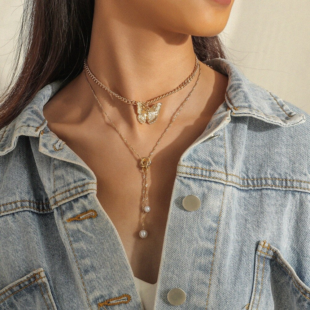 Trend Versatile Personality Tassel Geometric Clavicle Chain Butterfly Simple Single Layer Necklace Party Jewelry Exquisite Gift - kmtell.com