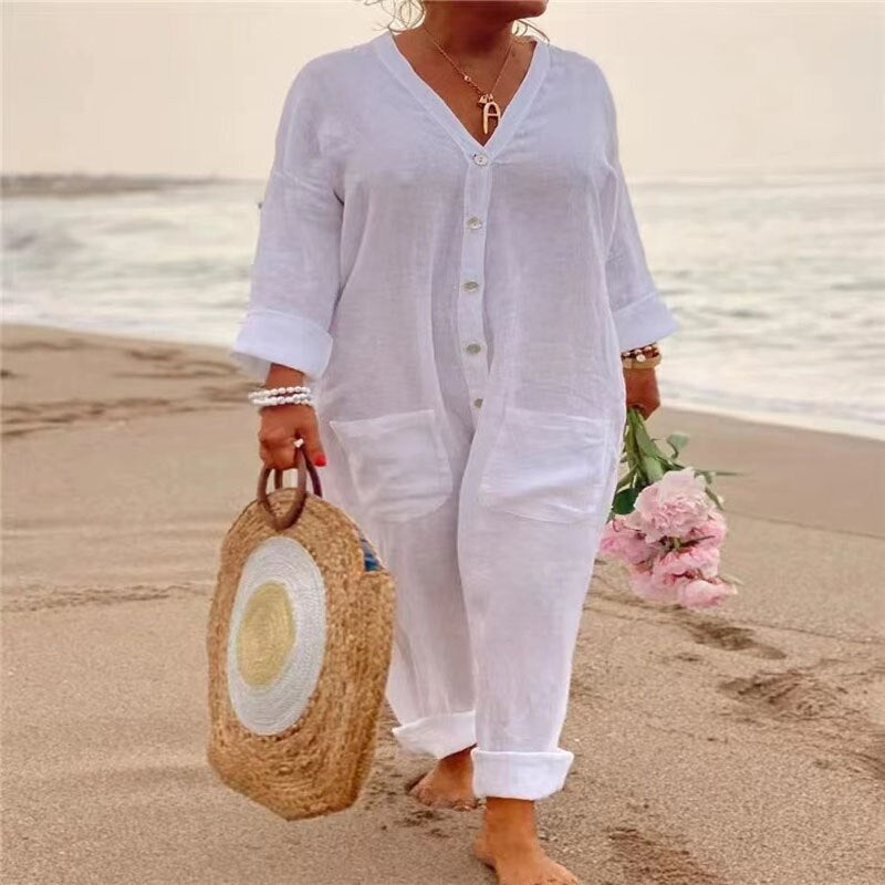 2023 Simple Casual Cotton And Linen Jumpsuit Women V Neck Button Mid Waist Pockets Bodysuit Summer Female Holiday Beach Overalls