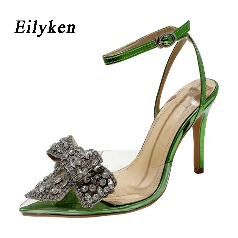 Eilyken Green Women Sandals Fashion Transparent PVC Butterfly-knot Rhinestone Slingbacks Summer Party Prom Thin High Heels Shoes - kmtell.com