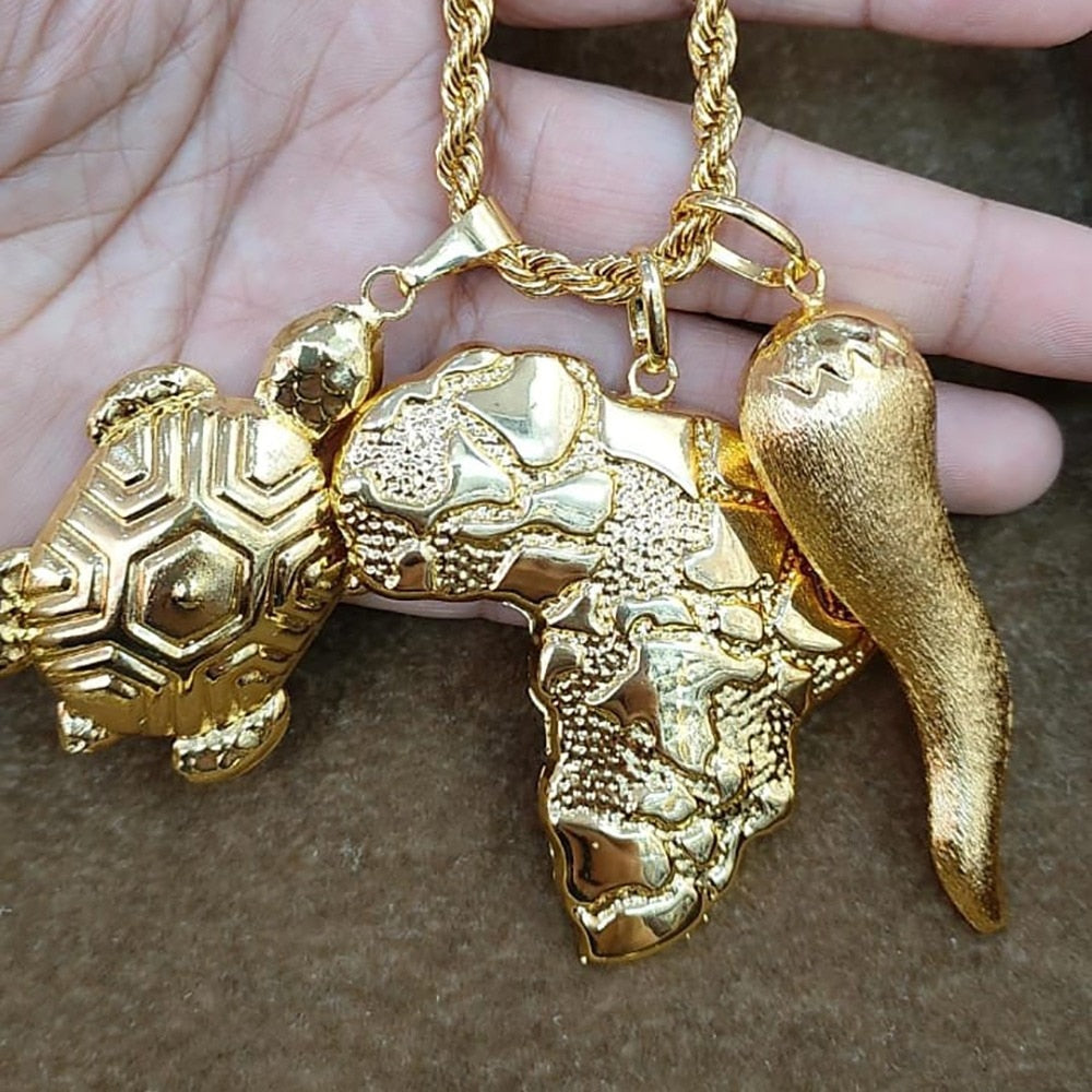 Fashion Gold Plated Necklace for Women Men Design African Map Key Animal 3Pcs Pendants Necklace for Anniversary Daily Wear Gifts - kmtell.com