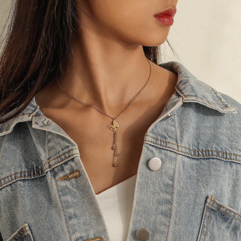 Trend Versatile Personality Tassel Geometric Clavicle Chain Butterfly Simple Single Layer Necklace Party Jewelry Exquisite Gift - kmtell.com