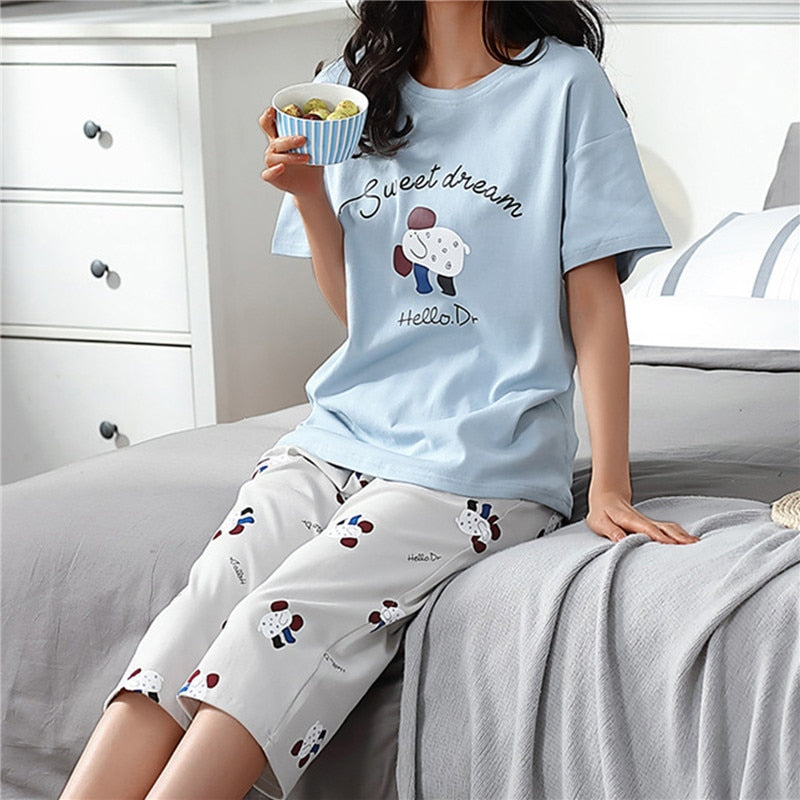 Summer Capris Plaid Women Sleep Lounge Pajama Short-Sleeved Pajama Sets Cartoon Pyjamas Polyester Sleepwear 2XL Home Fashion - kmtell.com