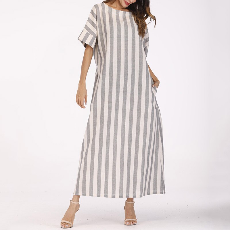 Womens Cotton Linen Dress Big size 5XL large size Kaftan Long Sleeve 2022 Summer Striped Women Large Size Long Maxi Boho Dresses - kmtell.com