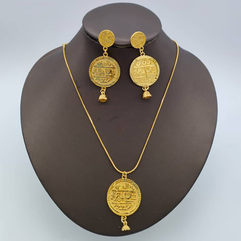 African Jewelry 2Pcs Set Hoop Earrings and Necklace Ethiopian Gold Color Round Pendant Necklaces for Women Nigerian Accessories - kmtell.com