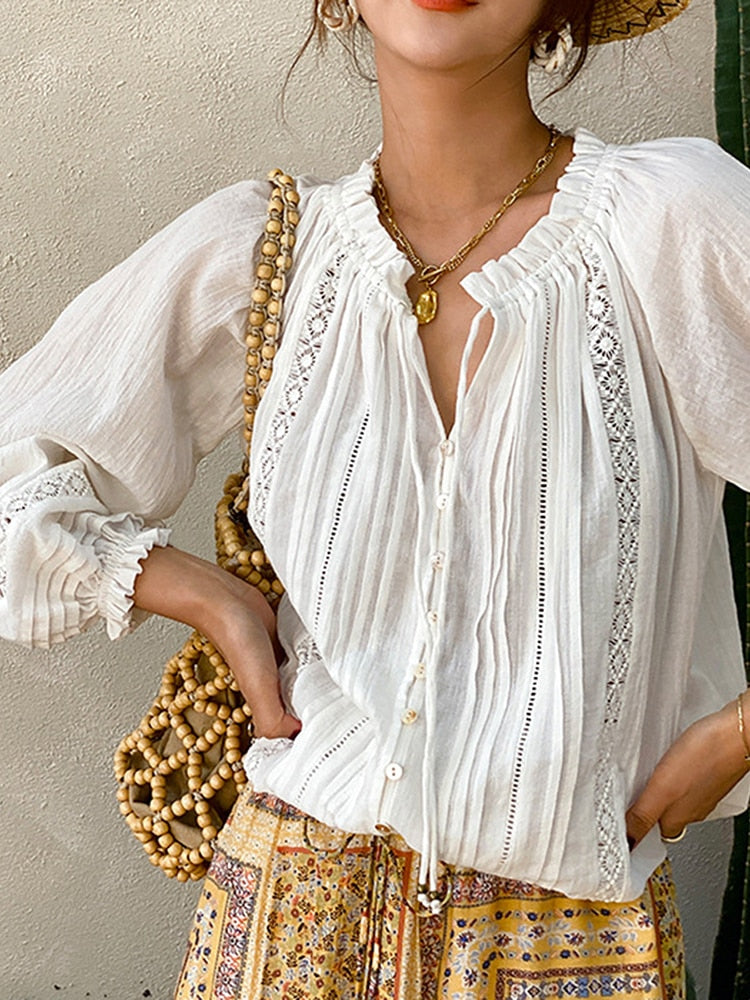 Jastie 2022 Spring Summer Ruffled Embroidery Blouses V-Neck Long-sleeve French Blouse V-neck Boho White Lady Shirts Blusas - kmtell.com