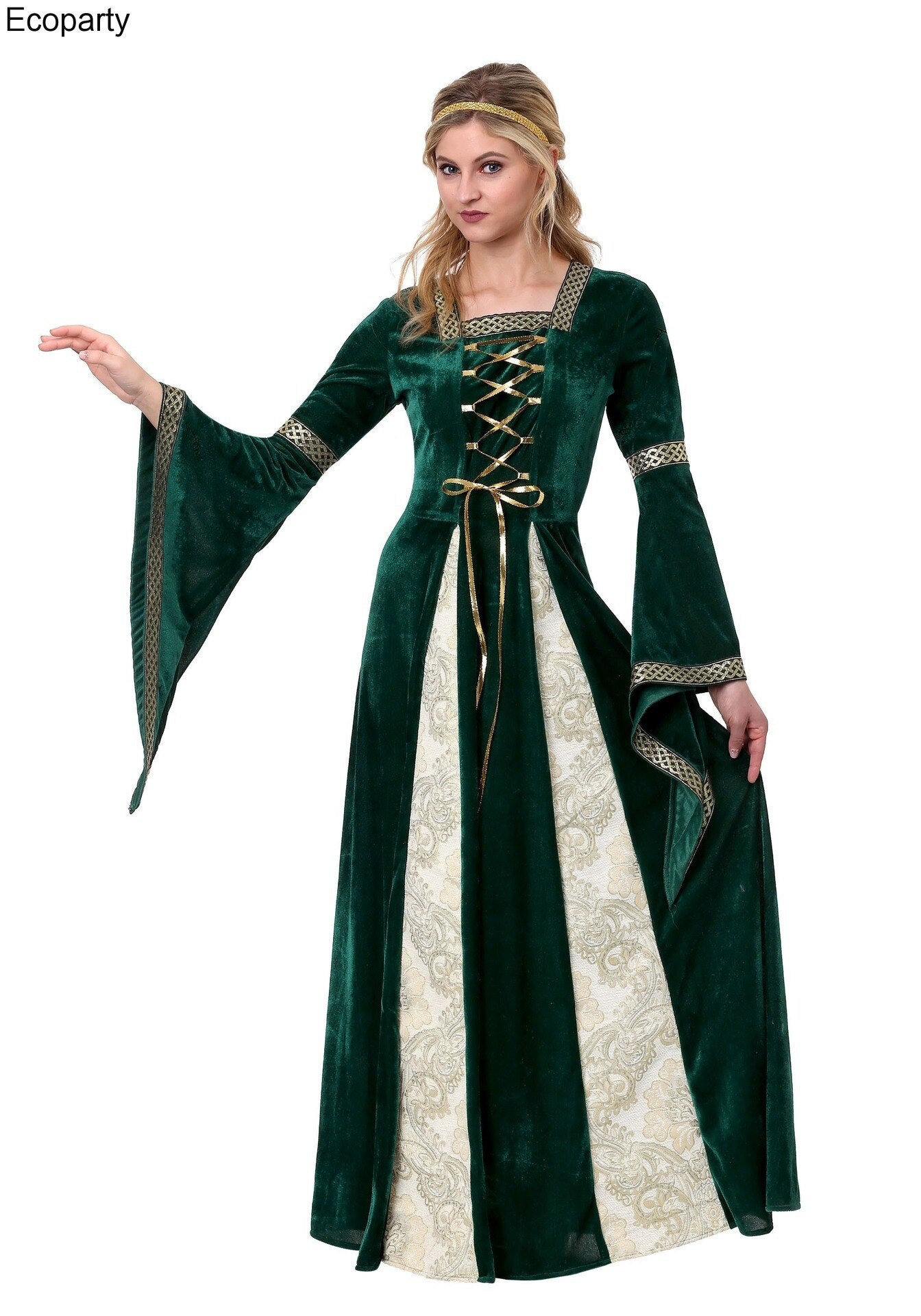 Retro Medieval Costume Dark Green Aristocratic Palace Dress Halloween Costume Adult Stage Performance Clothing Dress+Headband - kmtell.com