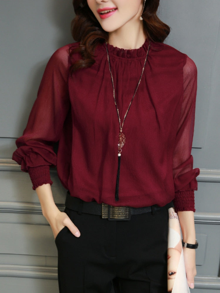 Chiffon Blouse New Women Tops Long Sleeve Stand Neck Work Wear Shirts Elegant Lady Casual Blouses women&#39;s blusas clothe - kmtell.com