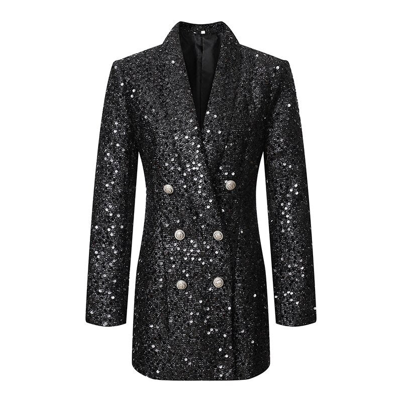 Cutubly Blazer Coat Quality Fashion Shawl Collar Women Double Lion Buttons Glitter Sequined Female Jackets Long Sleeve Celebrity - kmtell.com
