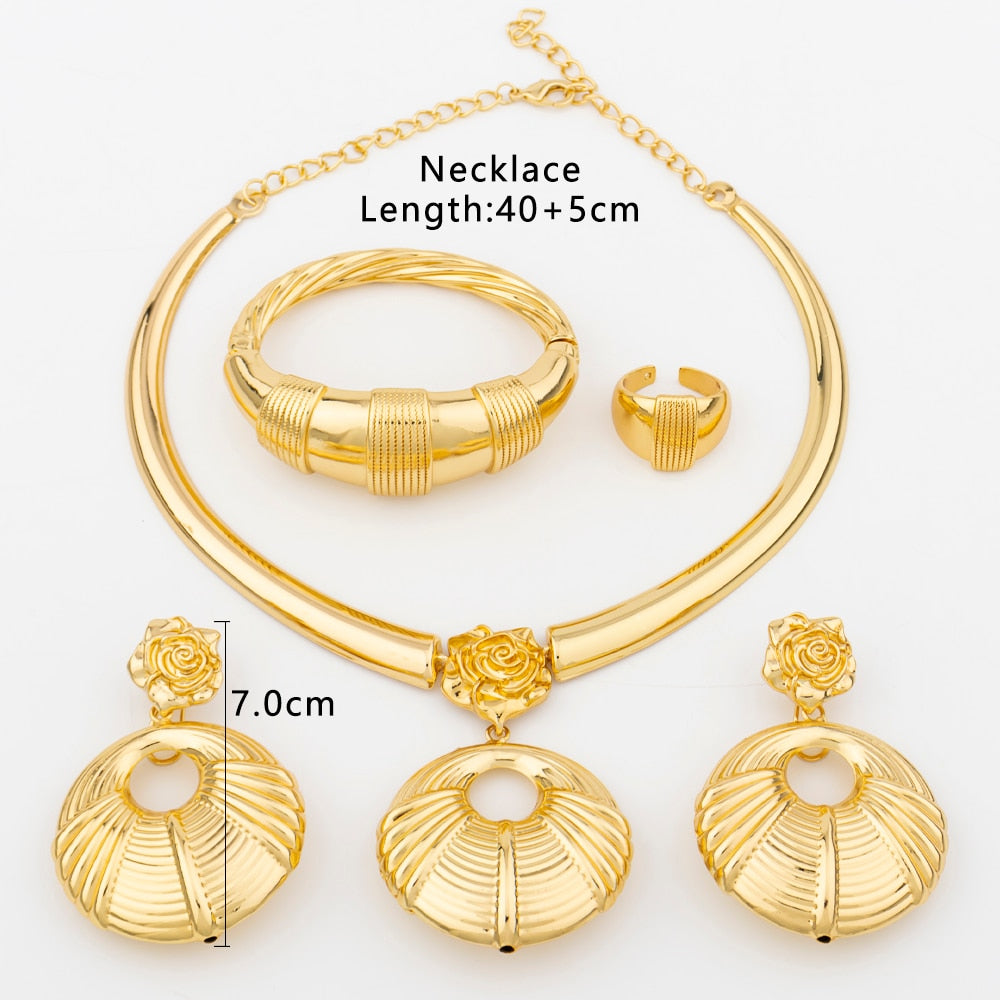African 18k Gold Plated Jewelry Set for Women Hoop Earrings and Pendant Set Italian Gold Color Weddings Bangle Ring Jewellery - kmtell.com