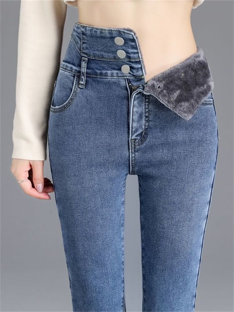 Warm Pants for Women Harem Mom Jeans High Waist Denim Streetwear 2022 Korean Fashion Autumn Winter Fleece Womens Jeans - kmtell.com