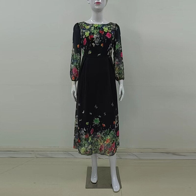 Summer Clothes for Women Long Dress Vintage Elegant Black Mesh Long Sleeve See Through Floral Midi Ladies Loose Size Dresses - kmtell.com
