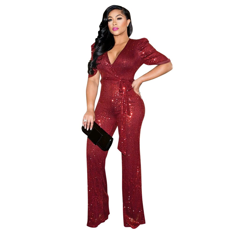 Cutubly Wide Leg Panty Beaded Jumpsuit Fashion Sequins Club Party Overalls Clothes Streetwear Sexy Women V-neck Rompers Bodysuit - kmtell.com