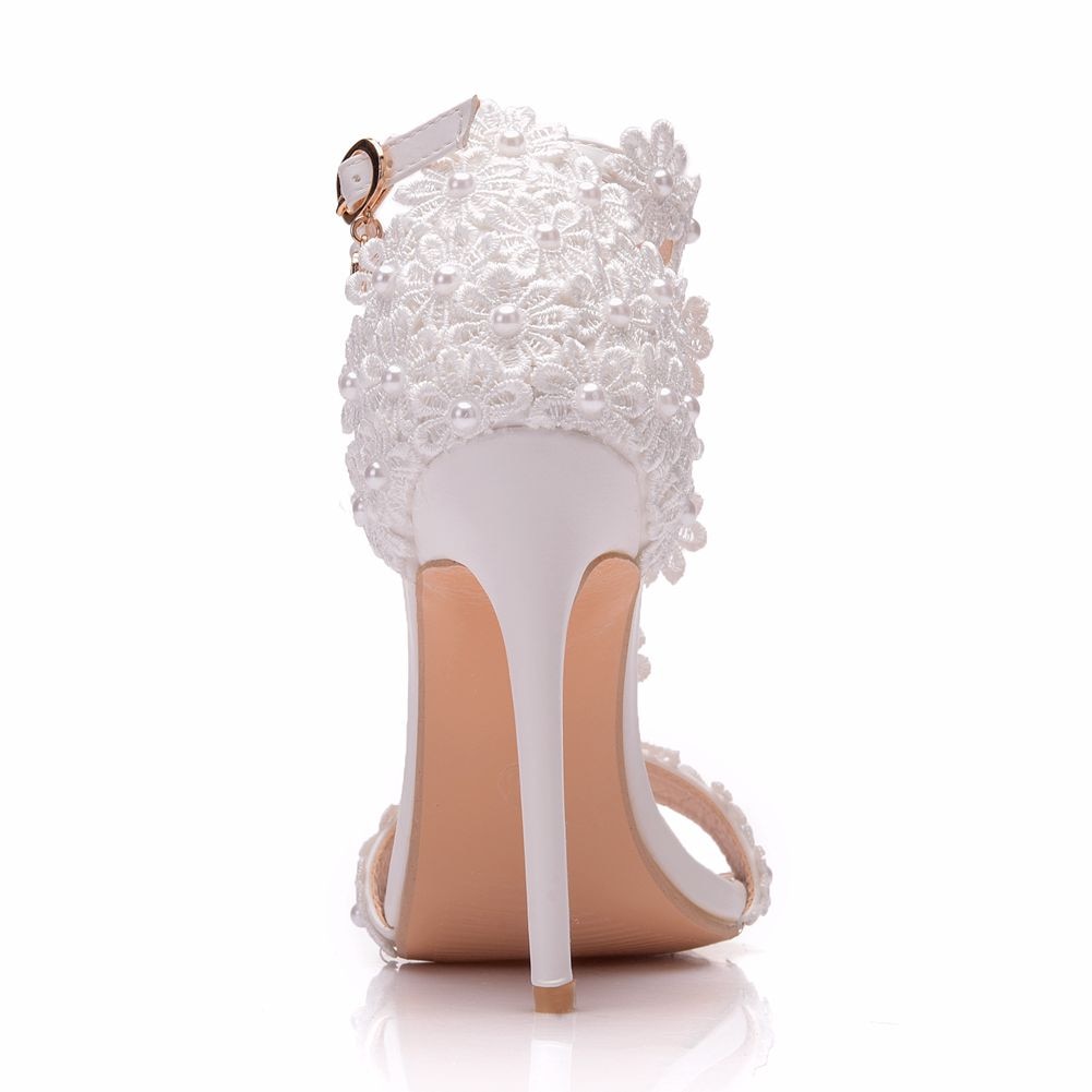 Crystal Queen Women Ankle Strap Sandals White Lace Flowers Pearl Tassel  Super Stiletto High Heels Slender Bridal Wedding Shoes - kmtell.com