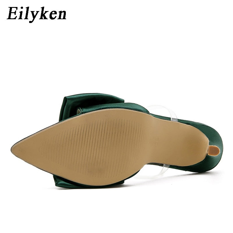 Eilyken Silk Butterfly-knot Women slippers Mule high heels Slippers Sandals flip flops Pointed toe Strappy Slides Party shoes - kmtell.com