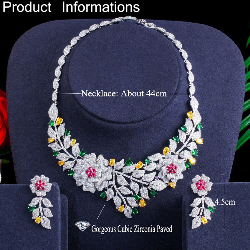ThreeGraces Noble Big Flower Cubic Zirconia Choker Statement Bridal African Wedding Party Necklace Earrings Jewelry Set JS637 - kmtell.com