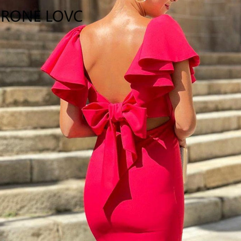 Women Elegant Bowknot Backless Ruffle Sleeves Midi Hollow out Bodycon Red Dresses - kmtell.com