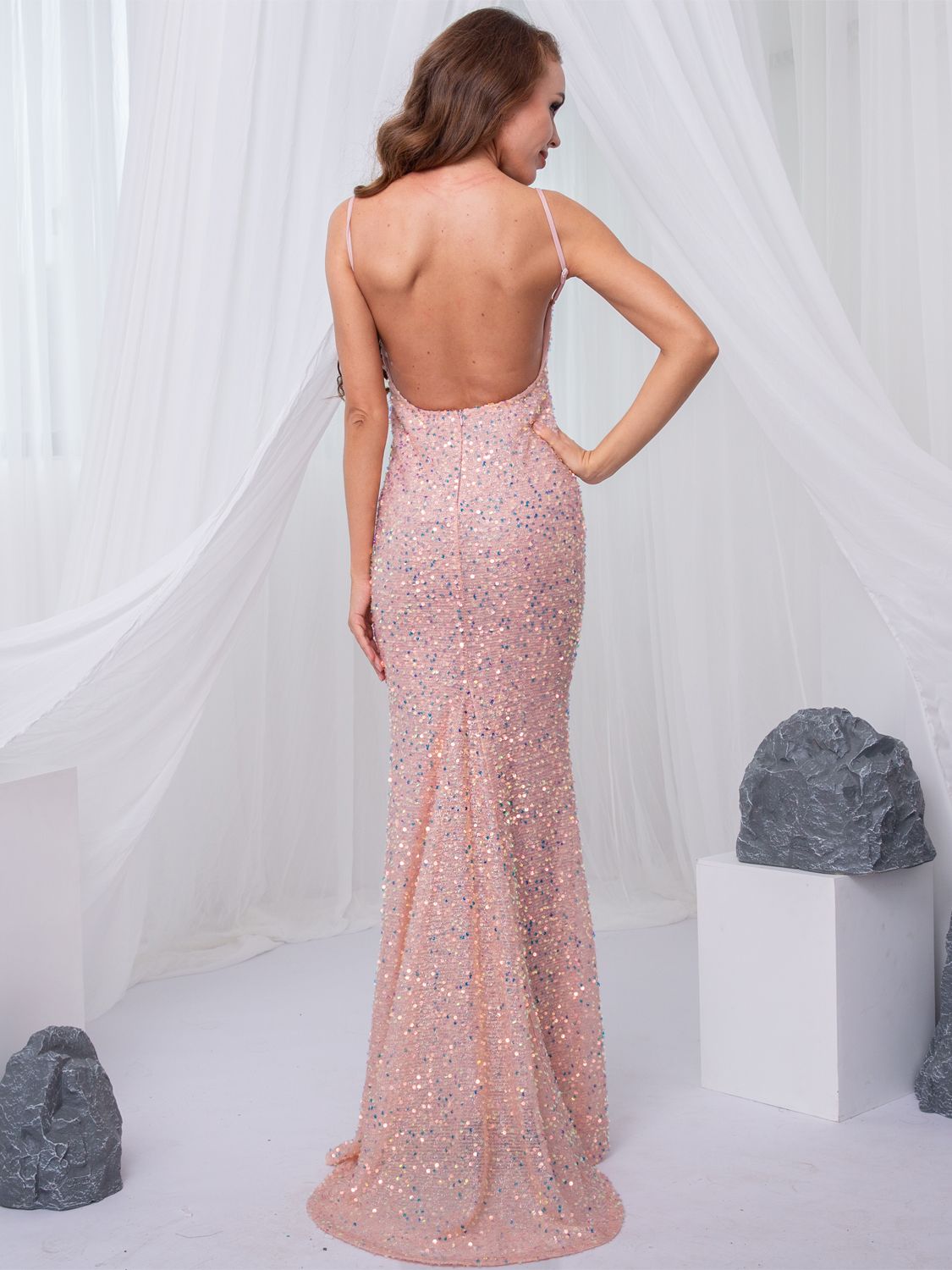 V Neck Backless Sleeveless Mermaid Maxi Dress Sexy Evening Party Long Gown Grey Pink - kmtell.com
