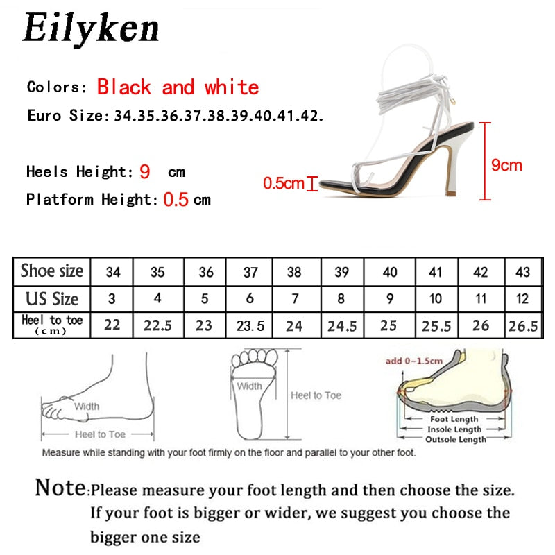 Eilyken New Fashion Sexy Lace Up Women Sandals Square Toe Thin Heel Cross Tied Party Shoes High Heel 9CM Black White Size 35-42 - kmtell.com