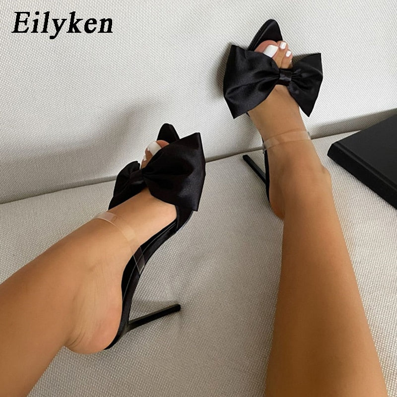 Eilyken Silk Butterfly-knot Women slippers Mule high heels Slippers Sandals flip flops Pointed toe Strappy Slides Party shoes - KMTELL