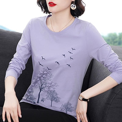 Shintimes Spring Woman Clothes Embroidery Patchwork Long Sleeve T Shirt Women 2022 Fall T-Shirt Loose Cotton Tee Shirt Femme - kmtell.com