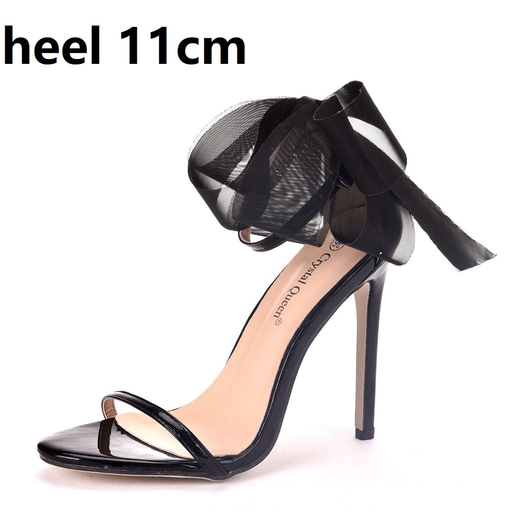 Crystal Queen Woman Sweet Bow Knot Elegant Ankle Strap Party Sandals Black Thin High Heels White Wedding Shoes Open Toe - kmtell.com