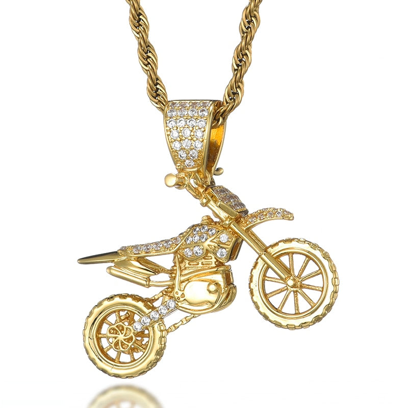 HIP Hop Full AAA Iced Out Bling CZ Cubic Zircon Copper Motorcycle Pendants &amp; Necklaces For Men Jewelry With Tennis Chain - KMTELL