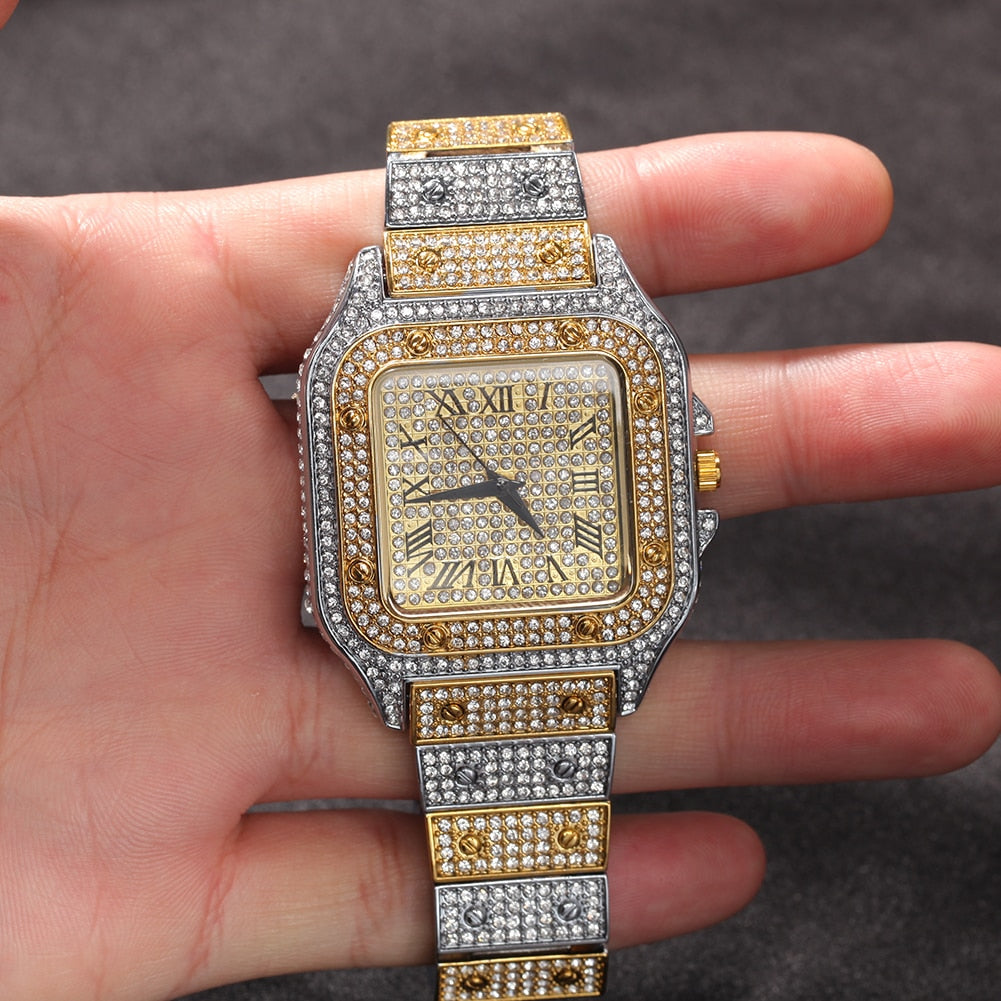 Hip Hop Full Iced Out Full Drill Men Square Watches Stainless Steel Fashion Luxury Rhinestones Quartz Square Business Watch - KMTELL