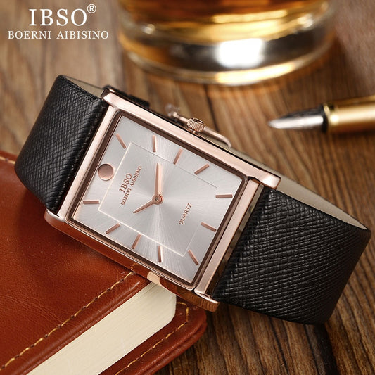 IBSO Ultra-Thin Rectangle Dial Men Watches Soft Leather Strap Quartz Wristwatch Classic Business Watch Men Relogio Masculino - kmtell.com