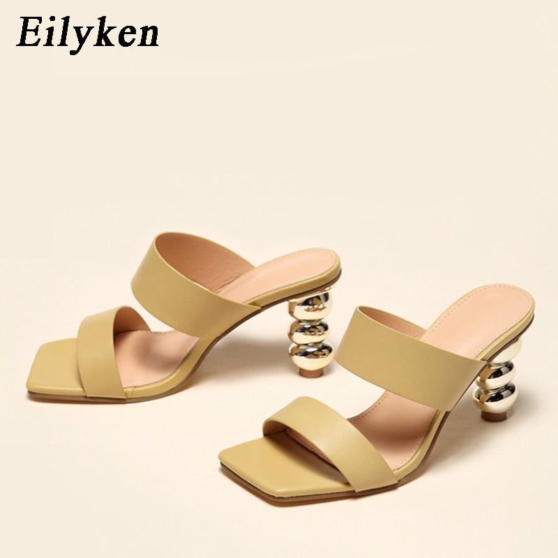 Eilyken New Design Metal Strange High Heels Summer Women Slipper Elegant Square Toe Slip-On Sliders Shoes Ladies Sandals Size 42 - kmtell.com