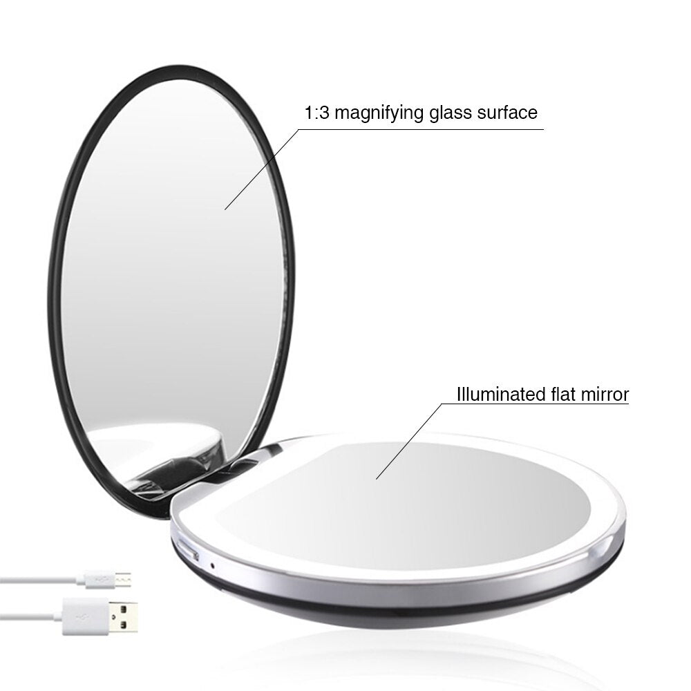 3X Magnifying Foldable LED Light Mini Makeup Mirror Compact Pocket Face Lip Cosmetic Mirror Travel Portable Light Make Up Mirror - kmtell.com
