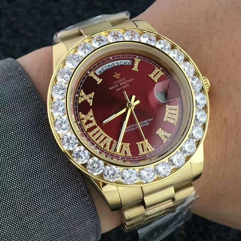 Big Diamond Luxury Brand Gold Watch Men Stainless Steel day-date Men&#39;s Wristwatch President Top Male Clock For relogio masculino - KMTELL