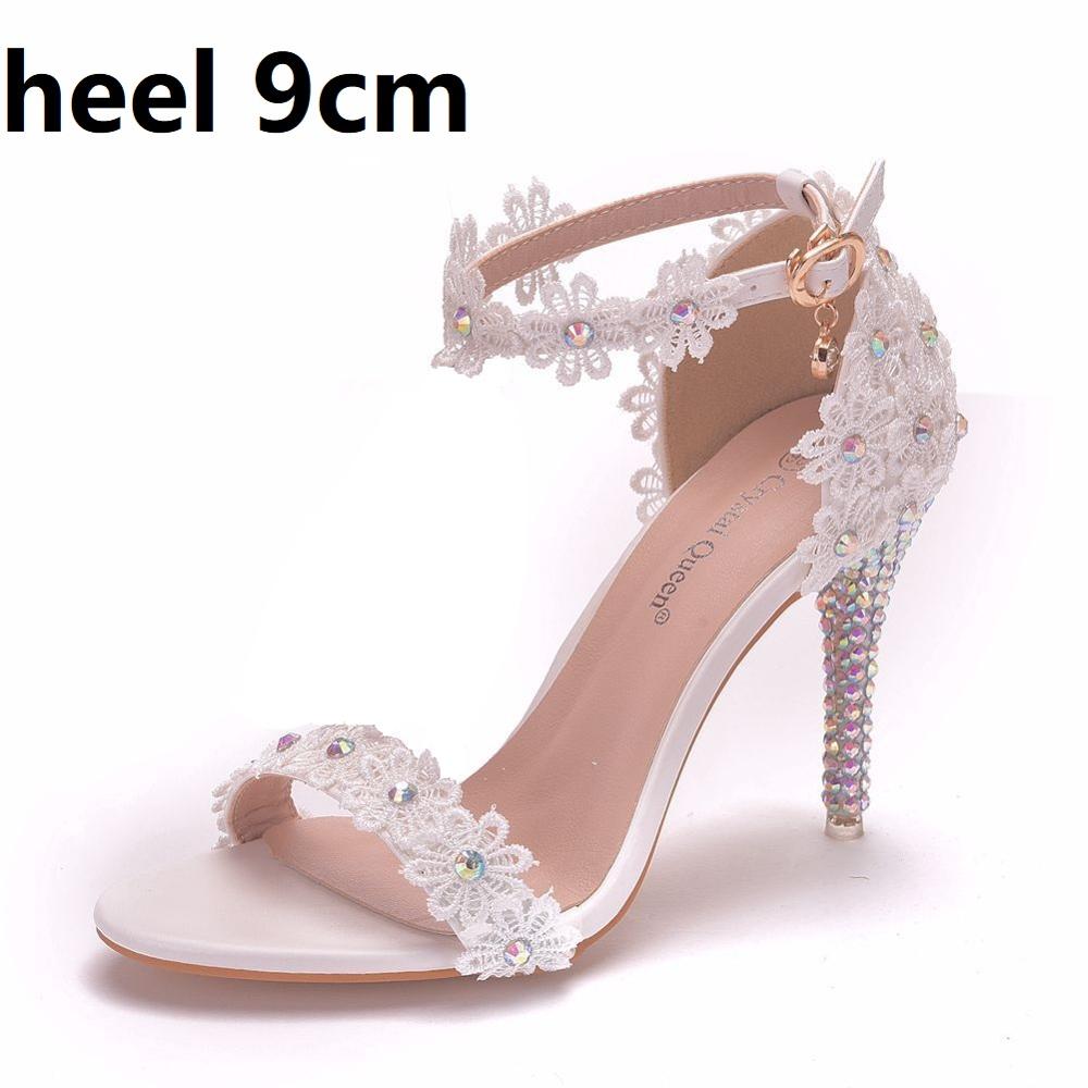 Crystal Queen Women Lace Wedding Shoes Thin High Heels White Bridal Open Toe Sandals Summer Strap Ankle Sexy Party Dress - kmtell.com