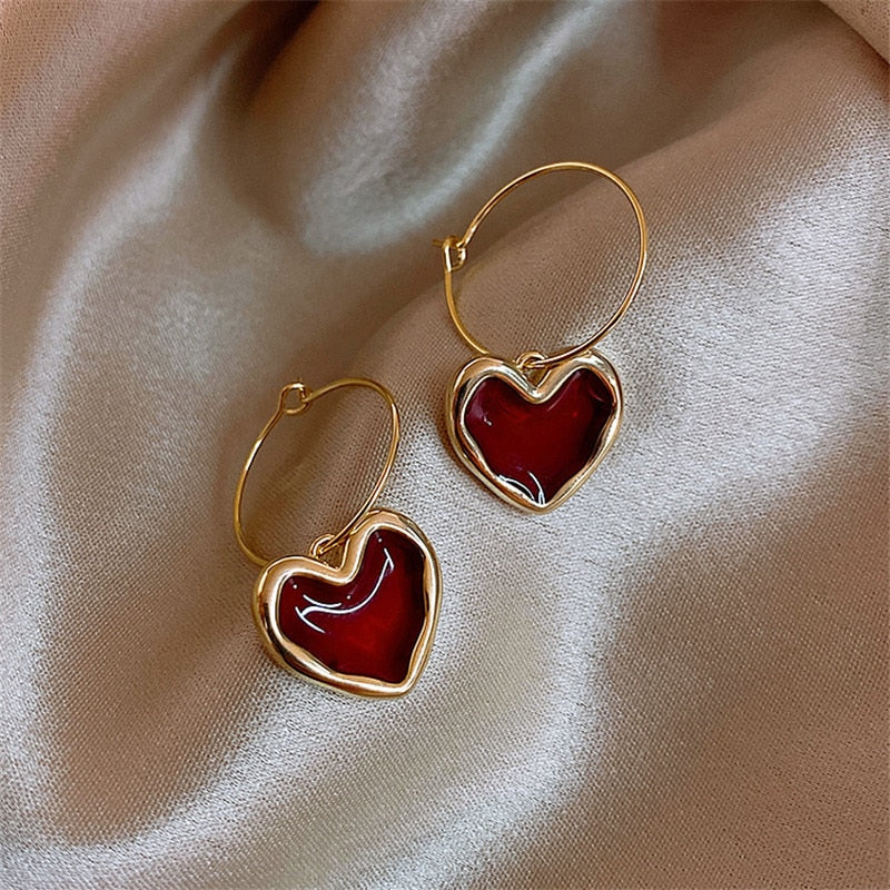 Sweet Burgundy Enamel Heart Earrings for Women Girl Gold Color Metal Love Heart Hanging Dangle Earrings Vintage Jewelry - kmtell.com