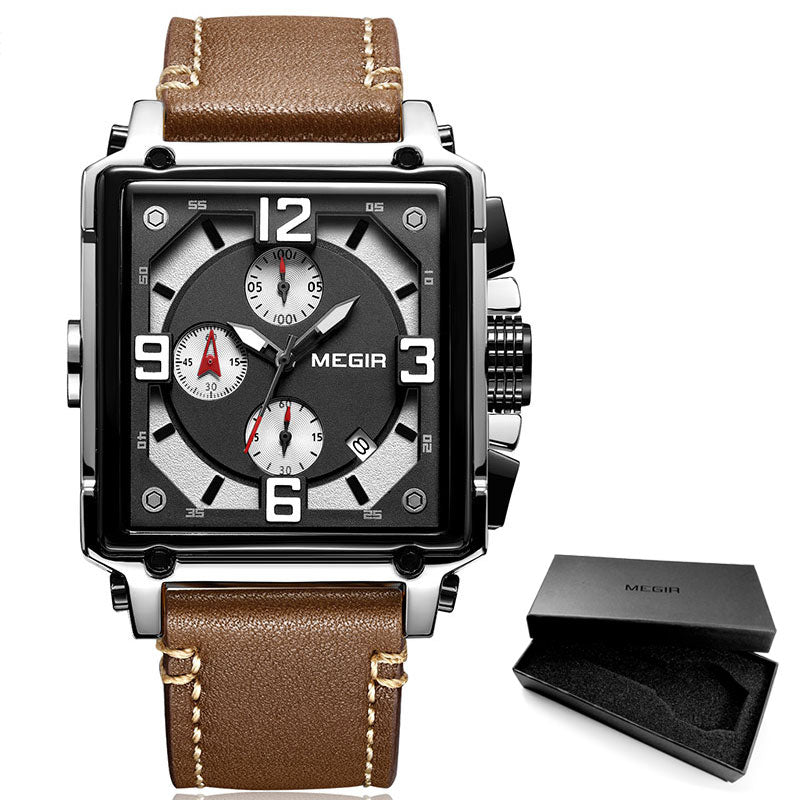 MEGIR Men&#39;s Sports Chronograph Wrist Watch for Men Army Leather Square Quartz Stop Watch Clock Man Relogios Masculino 2061Black - kmtell.com