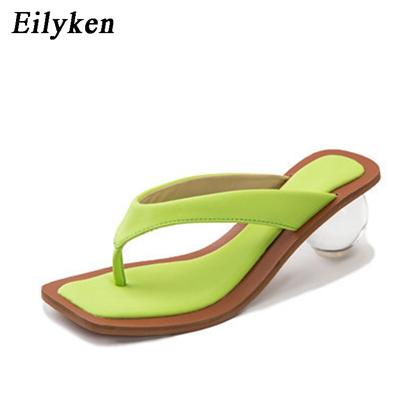 Eilyken Square Head Pinch Slippers Crystal Transparent Ball Low Heel Clear Women Flip Flops Slides Fashion Design Green Size 43 - kmtell.com