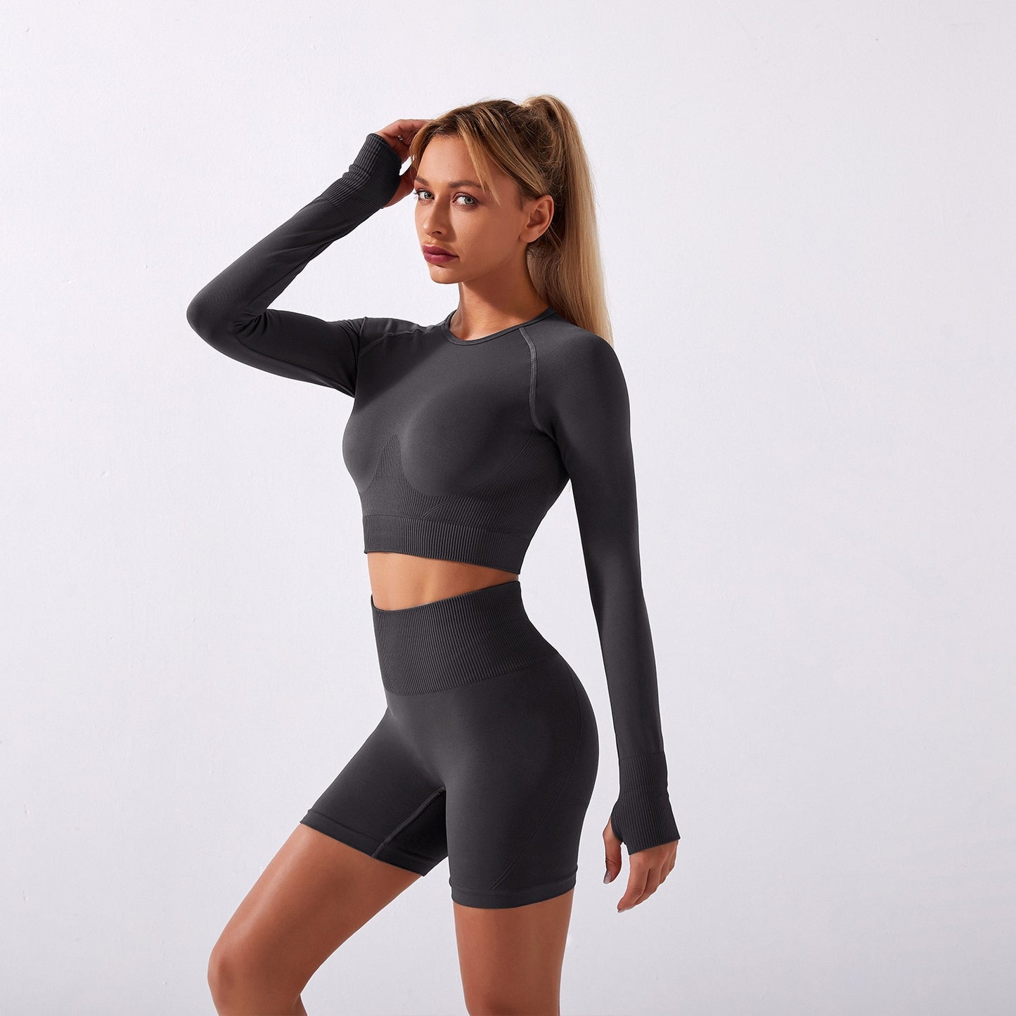 Women&#39;s Sportswear Yoga Set Workout Clothes Athletic Wear Sports Gym Shorts Seamless Fitness Long Sleeve Yoga Suit - kmtell.com