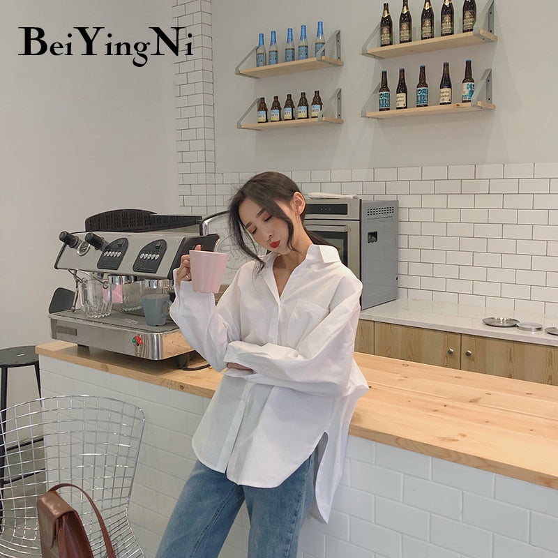 Beiyingni 2022 Spring Autumn Women Shirts White Plain Loose Oversized Blouses Female Tops Loose BF Korean Style Blusas Pockets - KMTELL