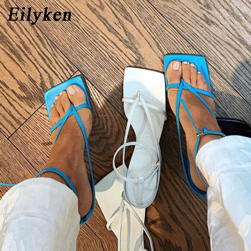 Eilyken 2023 Square Head Ankle Strap Sandals Women Fashion Thin High Heel Gladiator Narrow Band Party Dress Pump Shoes - kmtell.com
