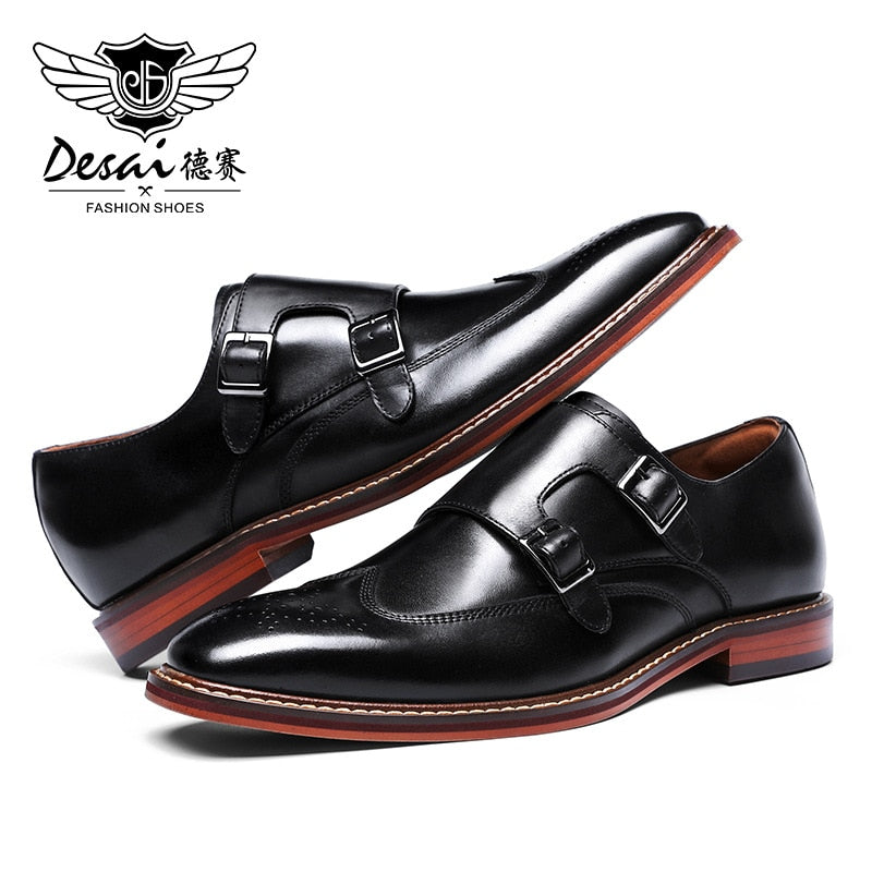 DESAI Brand Men Shoes Genuine Leather Black Brown Formal Dress Double Monk Buckle Straps Wedding Brogues Shoes Zapatos Hombre - kmtell.com