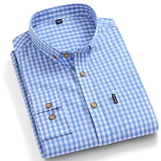 Thin 100% Cotton Plaid Shirts for Men Long Sleeve Regular Fit Checkered Dress shirt Mens Blue New 2020 Soft Comfortable Male - kmtell.com