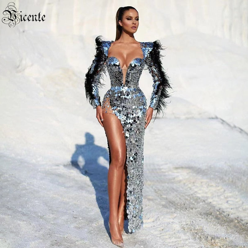 VC Long Dress Women With Black Feather Decoration Long Sleeves Side High Slits Mirrored Round Sequined Square Collar - kmtell.com
